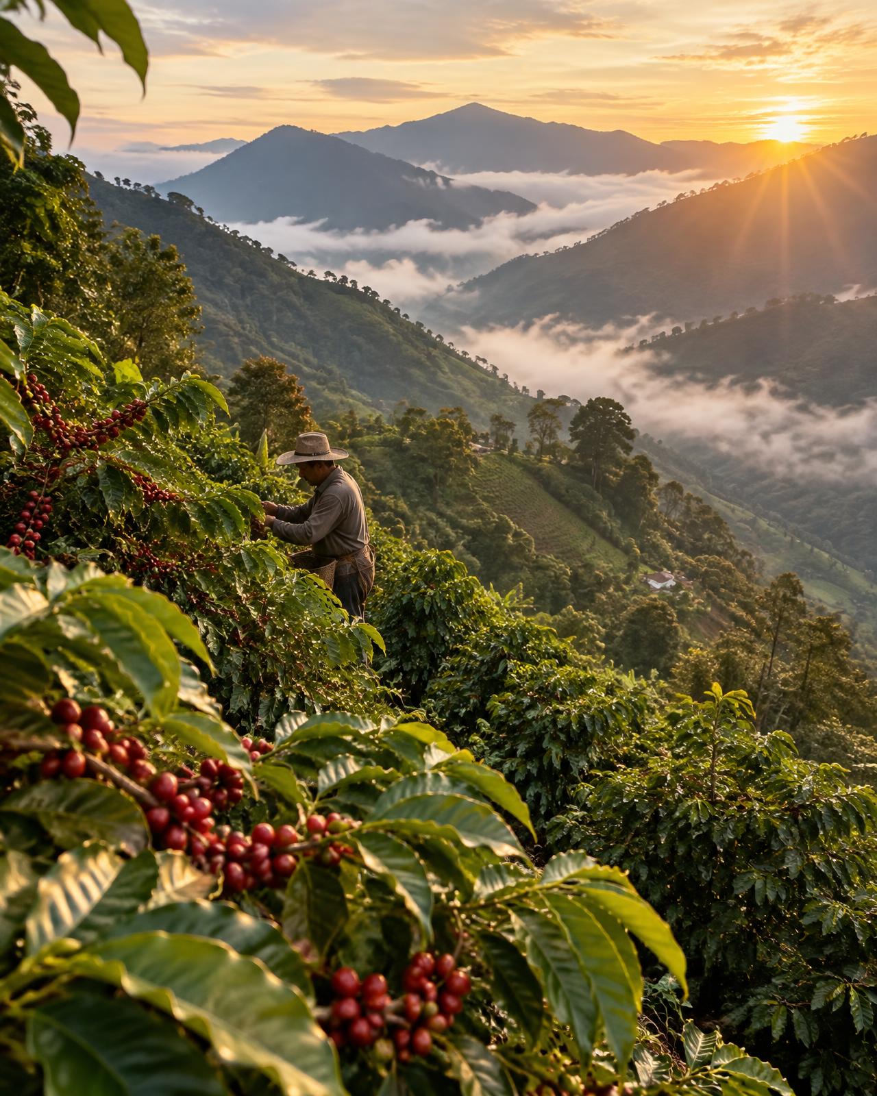 Coffee farmer harvesting on a high Andean slope at sunrise