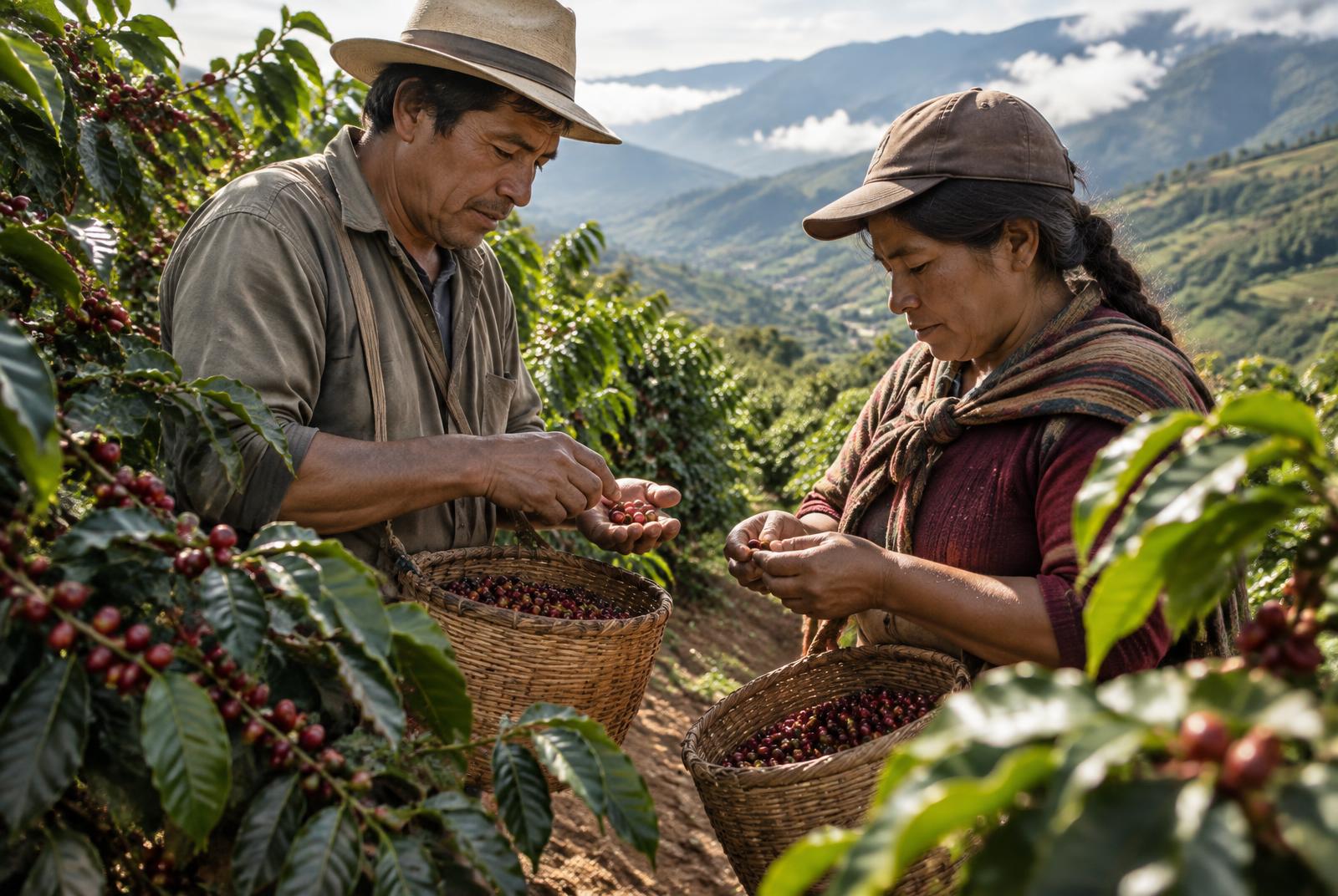 Two Colombian coffee producers selecting ripe cherries